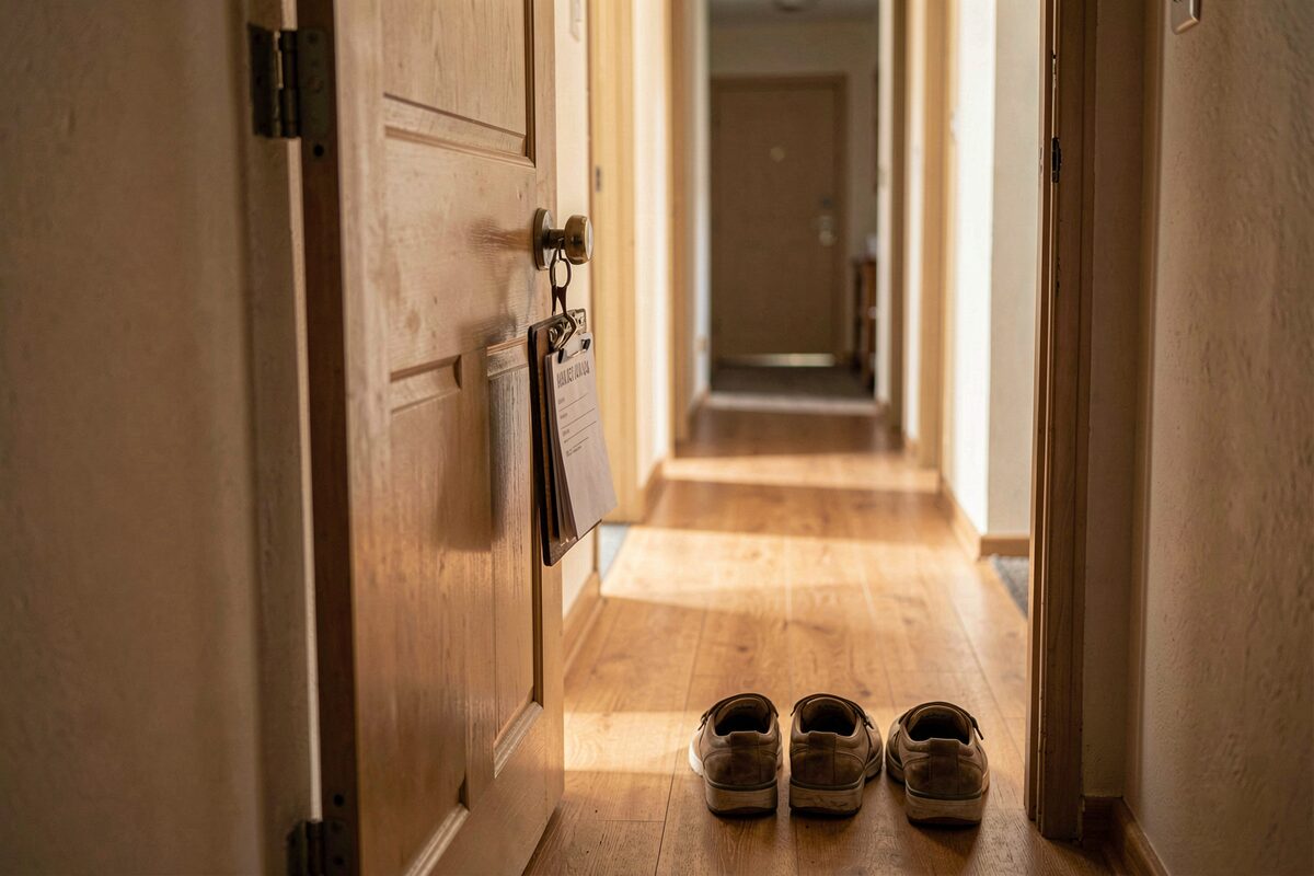 The open door of a rental apartment seen from the hallway, a clipboard hanging on the doorknob, two pairs of shoes lined up outside, warm corridor light