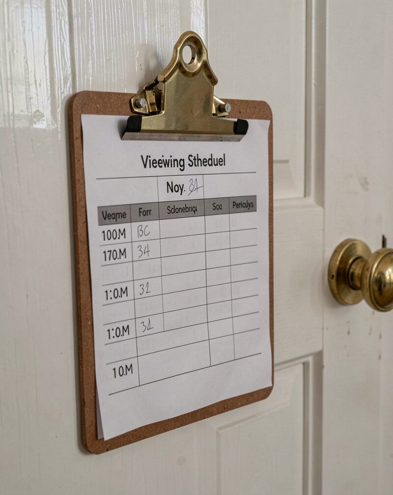 The open door of a rental apartment seen from the hallway, a clipboard hanging on the doorknob, two pairs of shoes lined up outside, warm corridor light