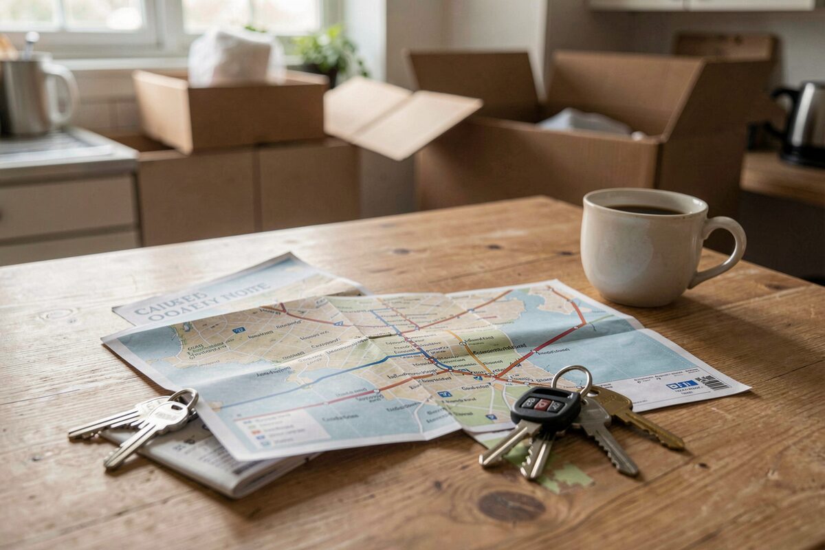 A paper city guide and a folded transit map on a kitchen table beside a set of new keys, a coffee cup, morning light, boxes half unpacked behind
