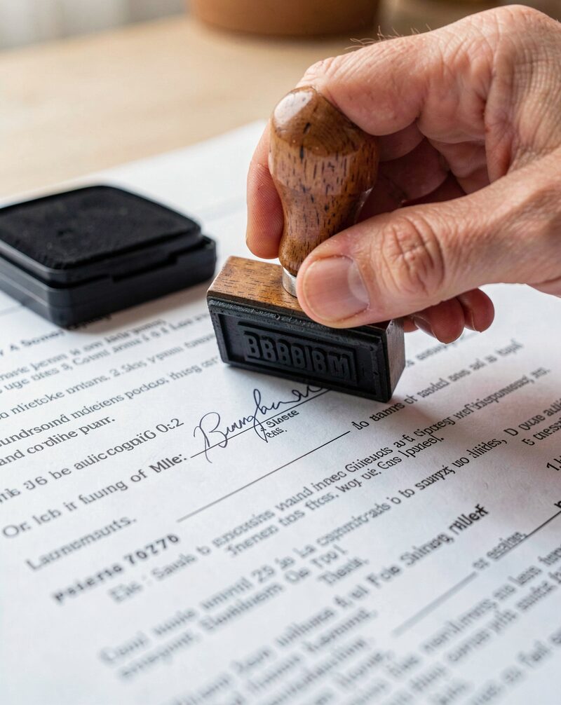 A rental application form on a laminate counter with a stamp pad and a pen on a chain, a clipboard of lease documents, office light