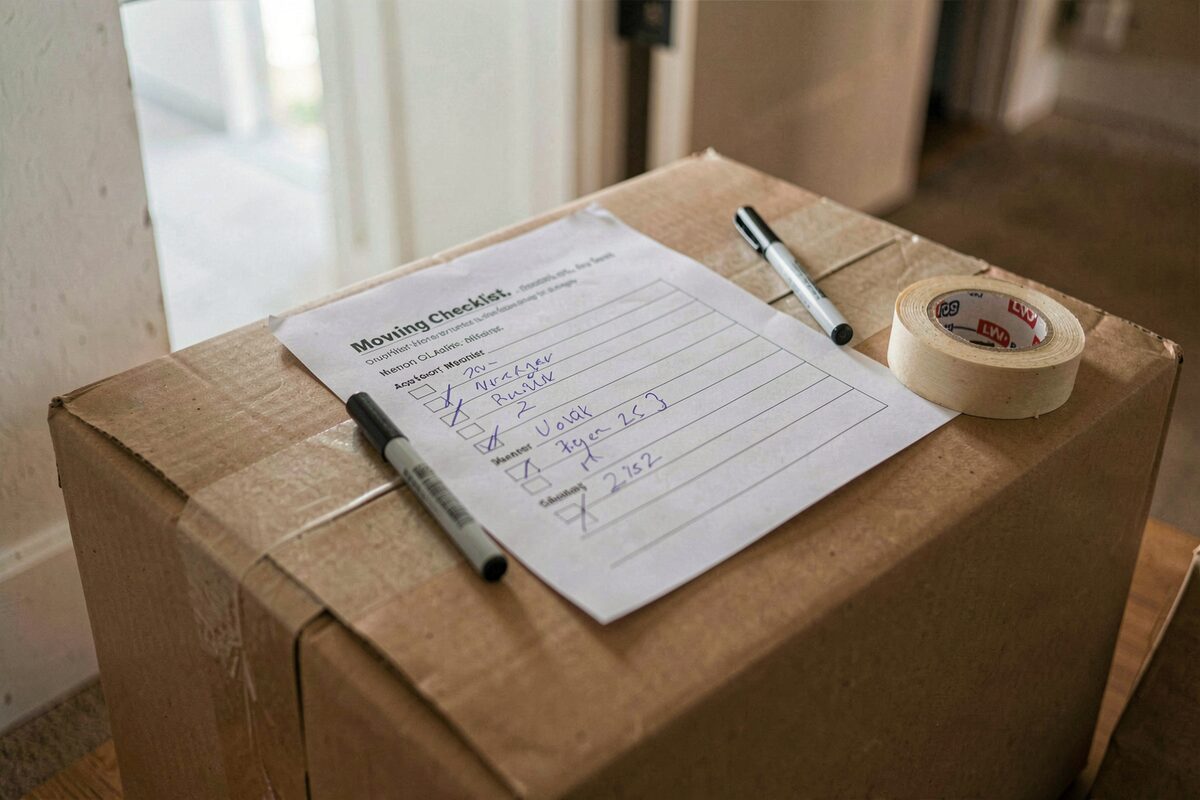 A printed moving checklist on top of a taped cardboard box, half the boxes ticked in pencil, a marker and a roll of packing tape beside it, apartment hallway light