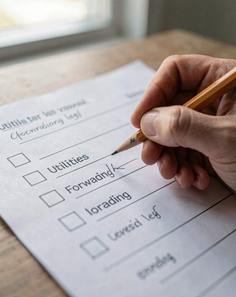 A printed moving checklist on top of a taped cardboard box, half the boxes ticked in pencil, a marker and a roll of packing tape beside it, apartment hallway light
