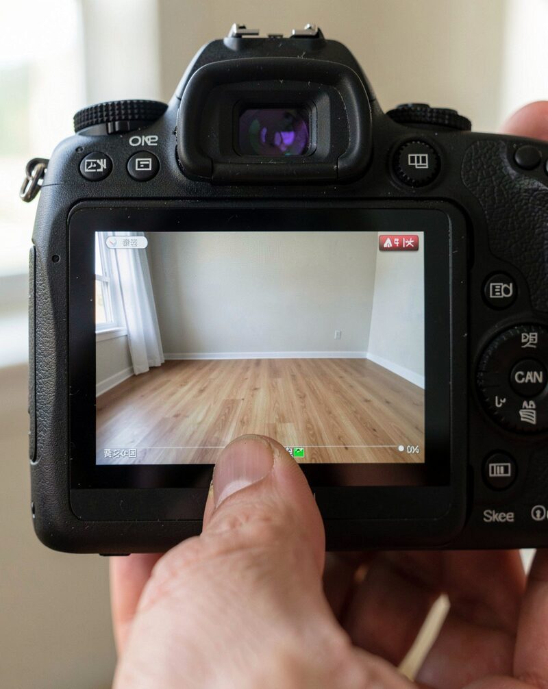 An empty bright rental room photographed from the doorway, bare hardwood floor, a single window with blinds, warm neutral walls, no furniture