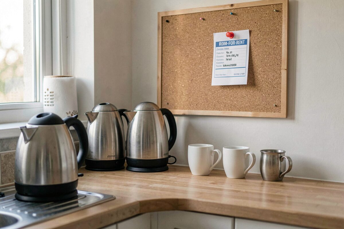 A shared apartment kitchen with two kettles and two sets of mugs on the counter, a cork board with a room-for-rent card pinned, morning light