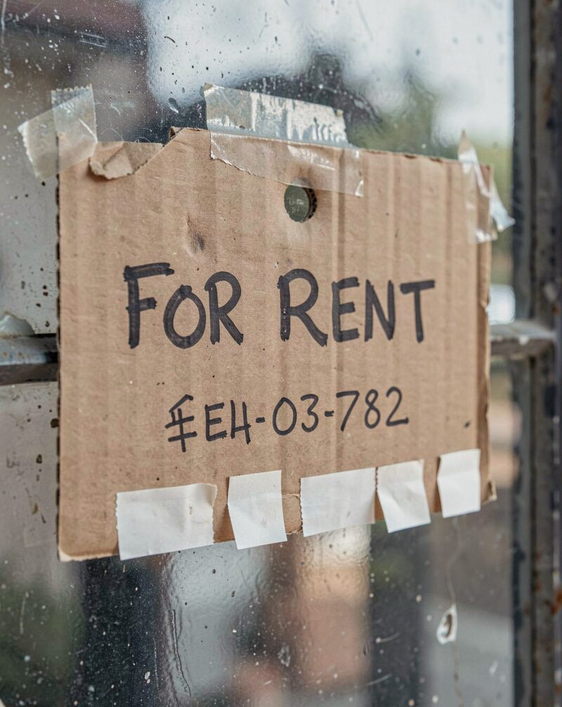 A hand-lettered For Rent sign taped inside the front window of a brick low-rise apartment building, the sign slightly askew, a staircase visible dimly behind the glass