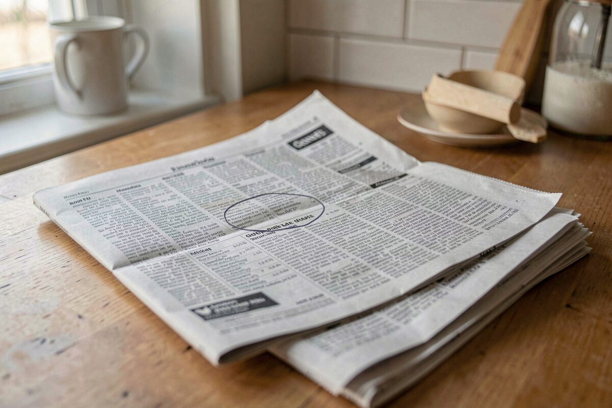 A folded broadsheet newspaper open to the classifieds column on a kitchen table, dense rows of tiny print, one listing circled in pencil, morning light from a side window