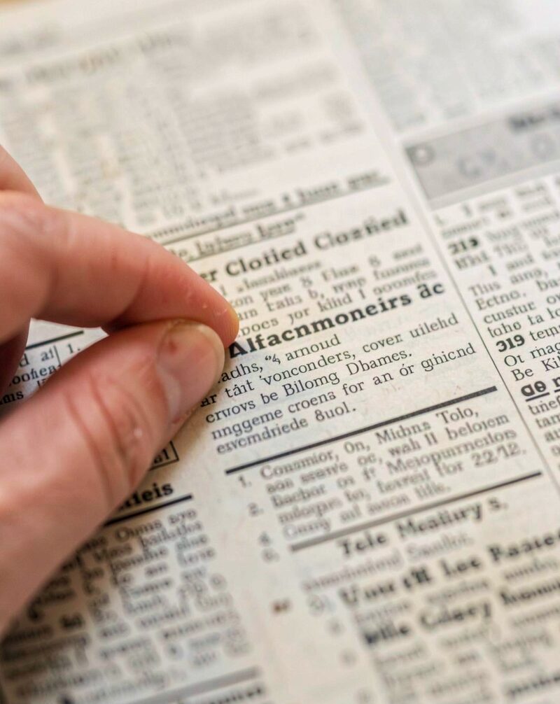 A folded broadsheet newspaper open to the classifieds column on a kitchen table, dense rows of tiny print, one listing circled in pencil, morning light from a side window