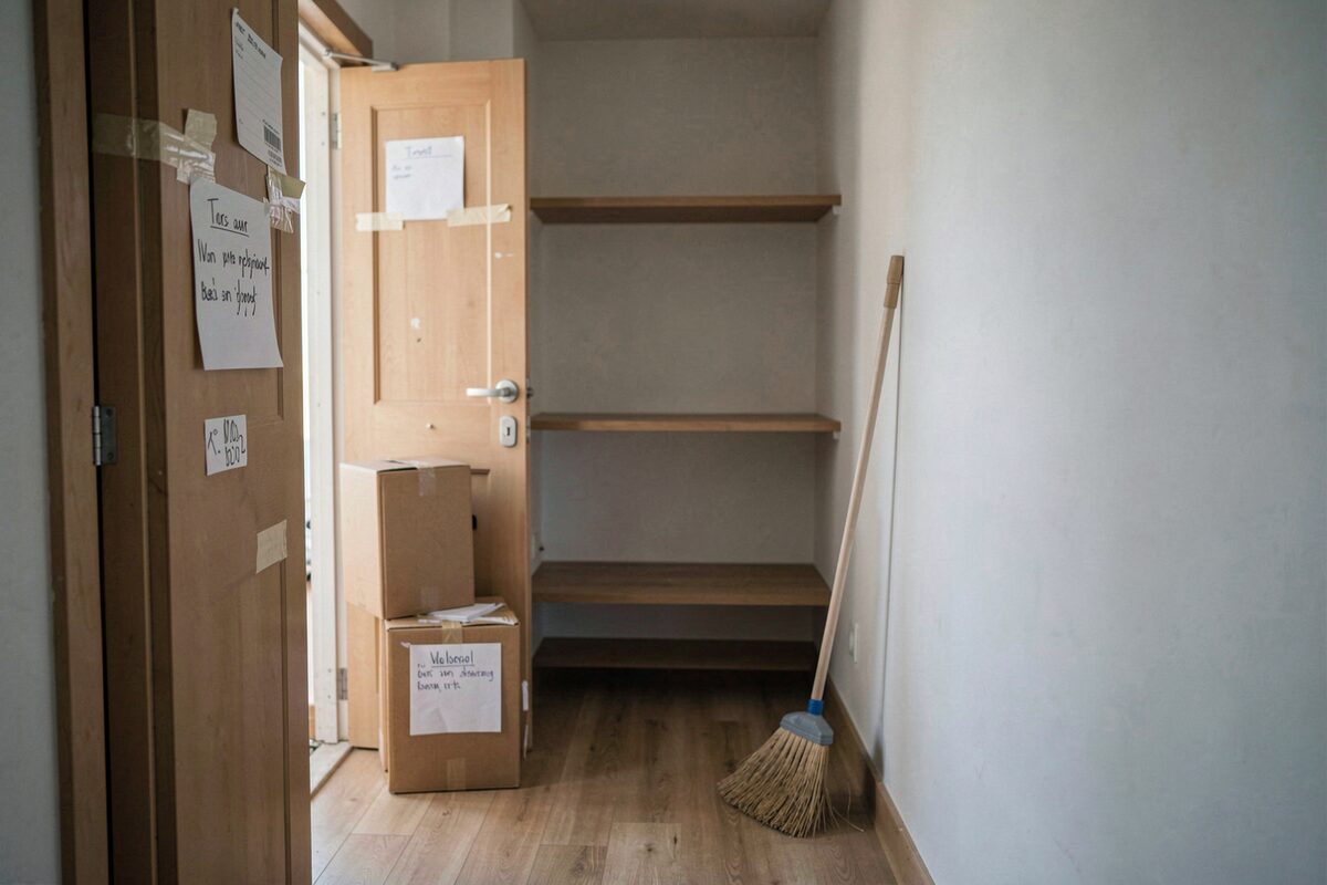 An apartment room at the end of a tenancy: boxes taped and labeled by the door, an empty shelf, a broom leaning on the wall, end-of-day light
