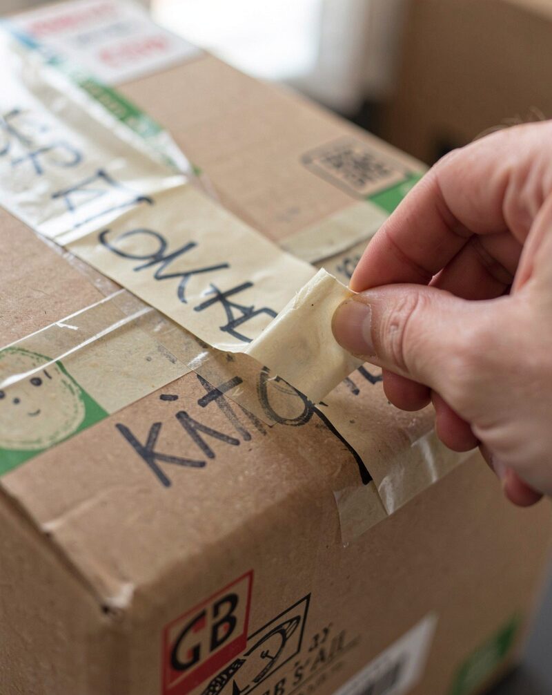 An apartment room at the end of a tenancy: boxes taped and labeled by the door, an empty shelf, a broom leaning on the wall, end-of-day light