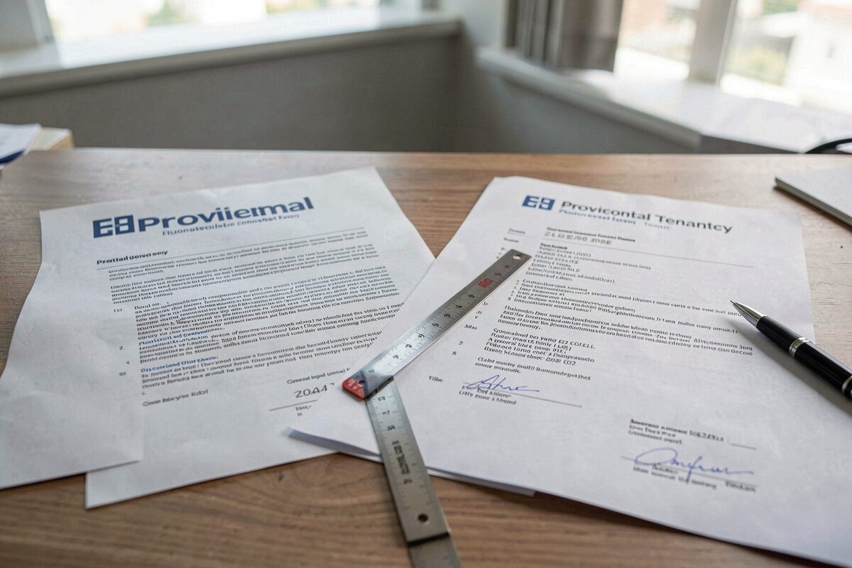 Two different provincial tenancy forms side by side on a desk, one in English one bilingual, a ruler and a pen across them, office light