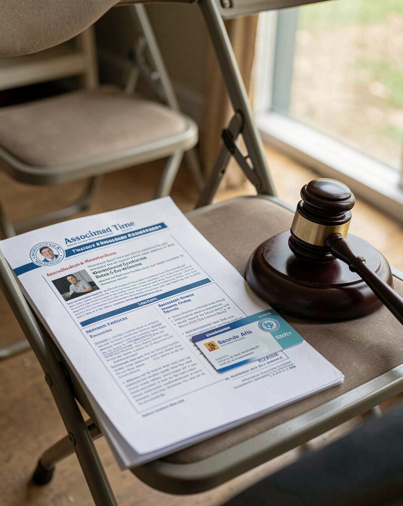 A meeting room of a landlords association: rows of folding chairs, a table with newsletters and name tent cards, a podium, fluorescent light