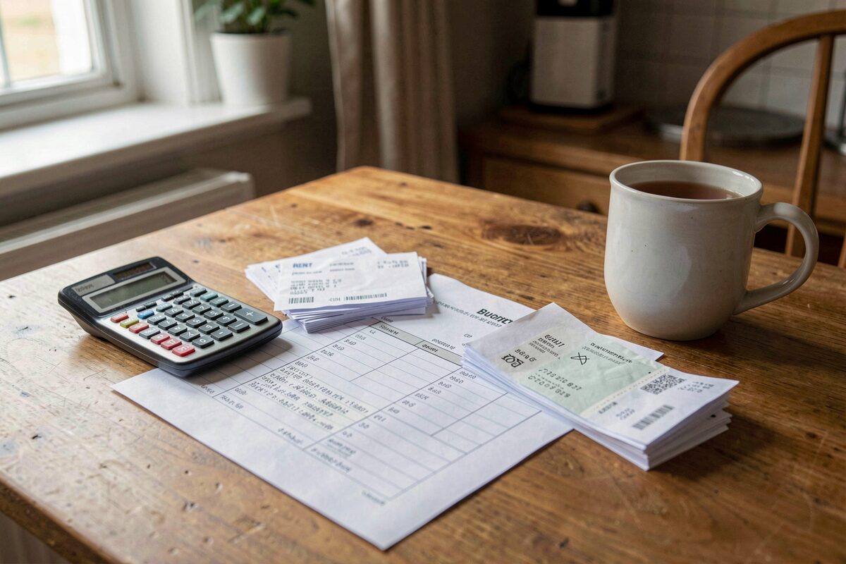 A household budget worksheet on a kitchen table with a small calculator, rent receipts and utility bills in two piles, a mug of tea