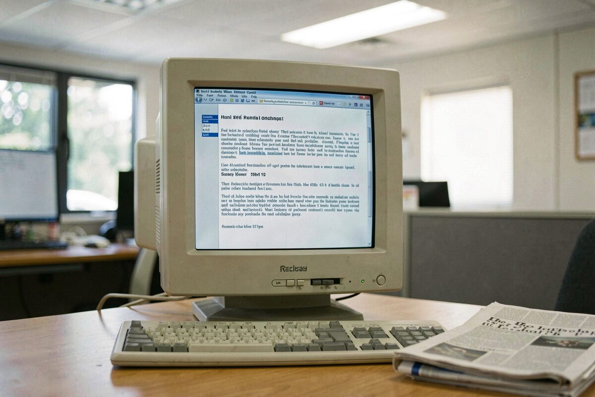A late-1990s CRT monitor on a desk showing a plain text rental listings page, a newspaper folded beside the keyboard, fluorescent office light