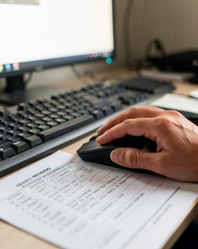 A late-1990s CRT monitor on a desk showing a plain text rental listings page, a newspaper folded beside the keyboard, fluorescent office light